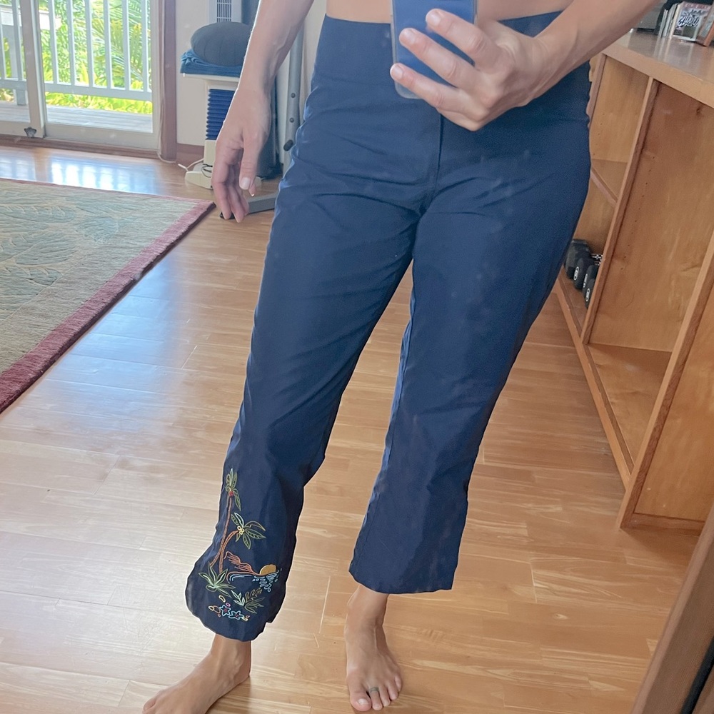 Toes on the nose crop pants with ocean embroidery on the bottom